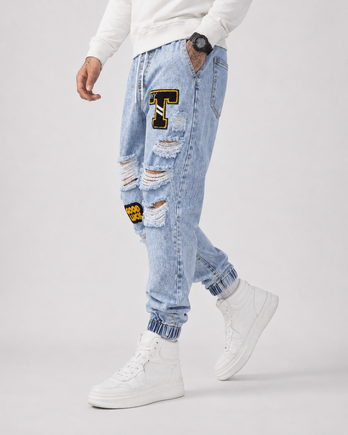 Jeans Jogger Ripped Good Luck